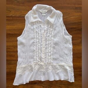 Allison Taylor White Sleeveless Ruffle Front Lace-Trim Blouse